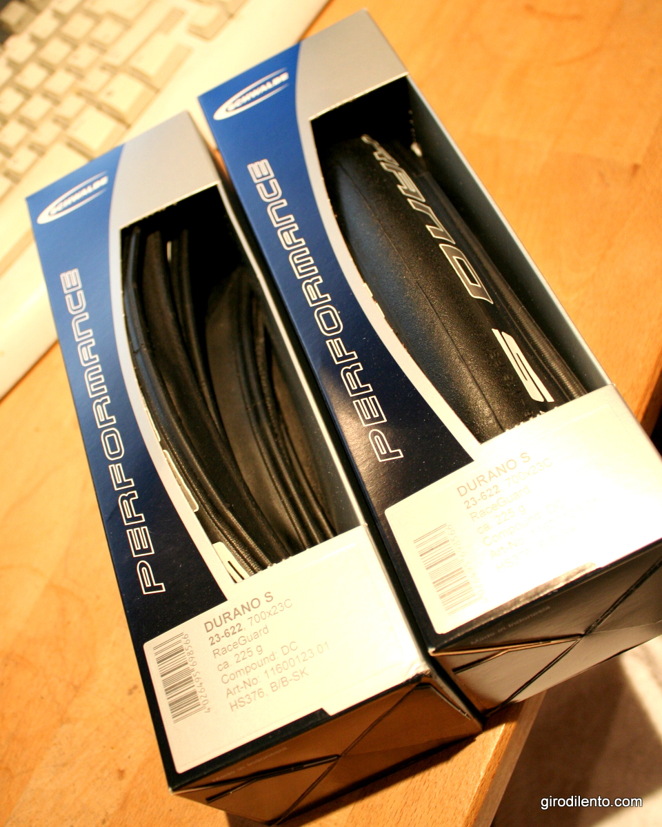 A pair of shiny new Schwalbe Durano S tyres at the beginning of my test