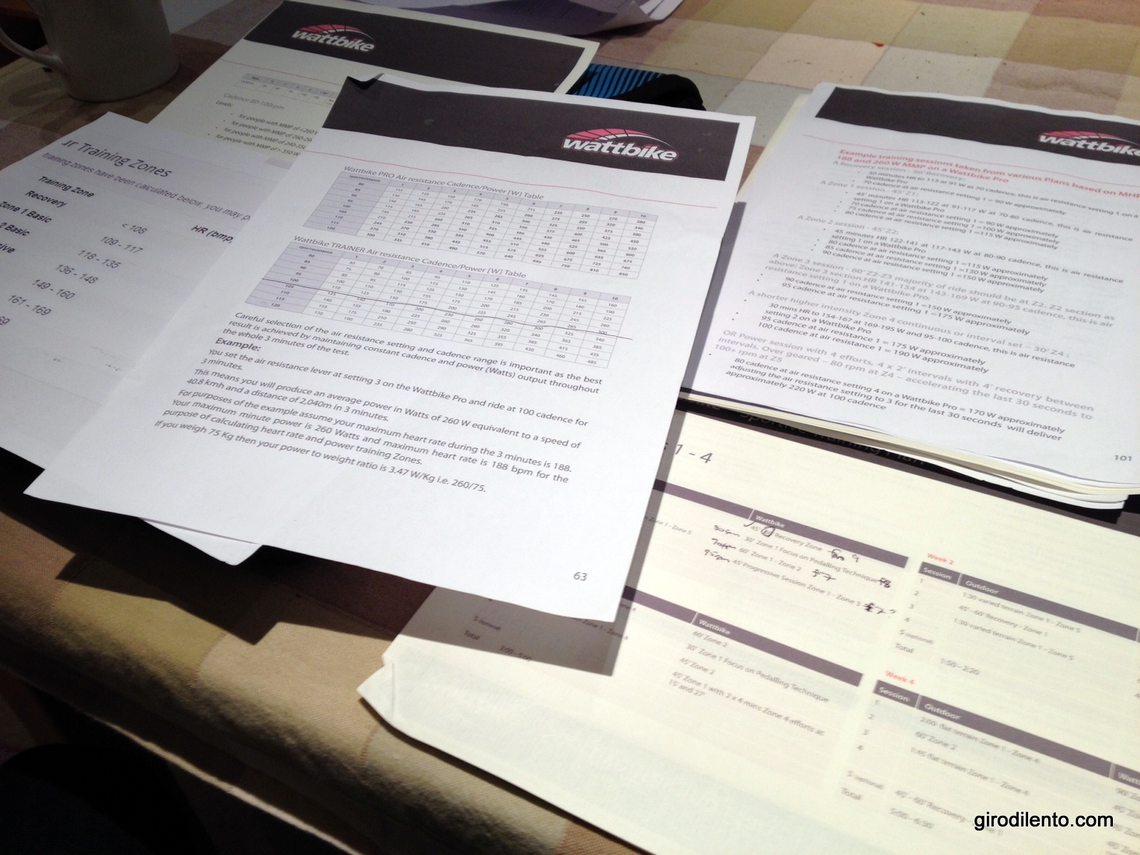 The paperwork I need to work out my RPM, resistance settings and heart rates zones for each session. Easy!
