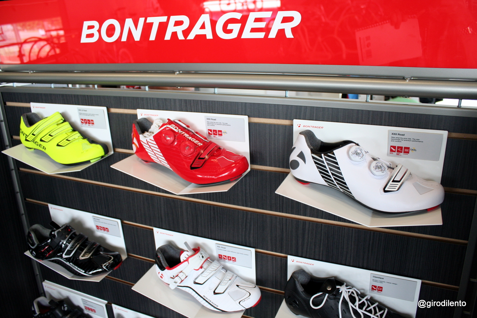 From left to right (top shelf) Bontrager XXX LE Road, Bontrager XXX Road Red, Bontrager XXX Road White