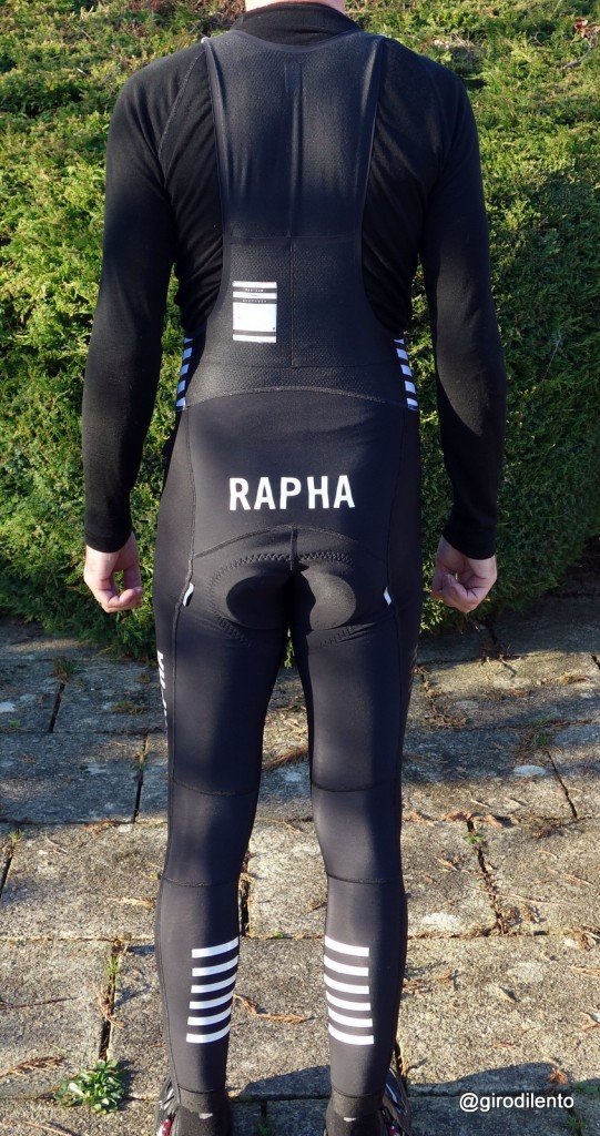 Rapha Pro Team Bib Tights rear view with reflective Rapha branding
