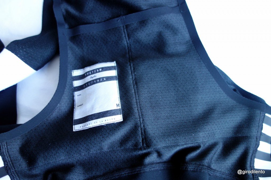 Inside detail for Rapha Pro Team bib tights including small pockets and name tag
